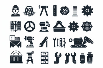 Engineering icon set. Containing blueprint, engineer, tools, construction, mechanical, industrial, worker, engine, manufacturing and machinery icons. Solid icon collection. Vector illustration. vector