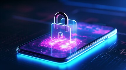 Padlock hologram on smartphone screen symbolizing the protection of business and financial data with innovative technology. Illustrating the concept of cybersecurity and data protection.