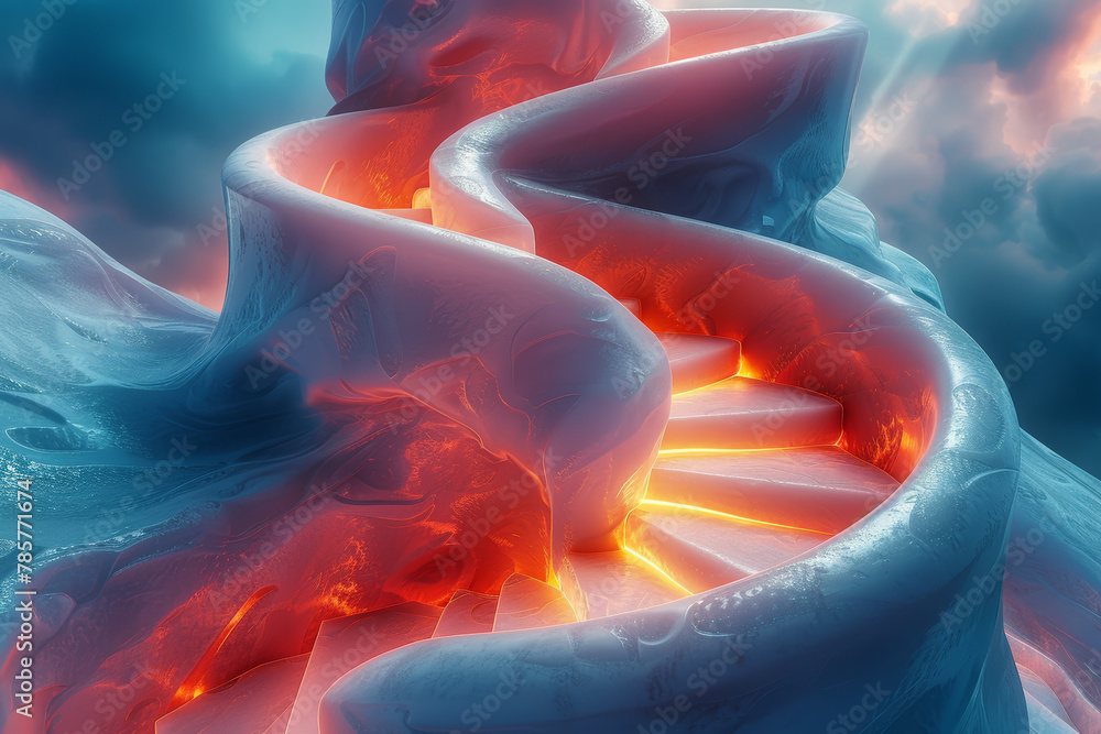 Poster an abstract depiction of a spiral staircase ascending towards the sky, symbolizing progress and evol