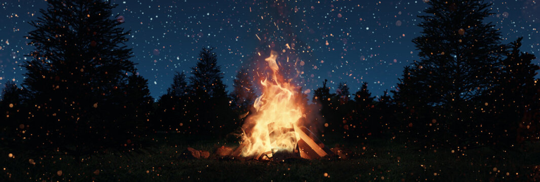 big bonfire with sparks and particles in front of spruce trees and starry sky. 3D Rendering