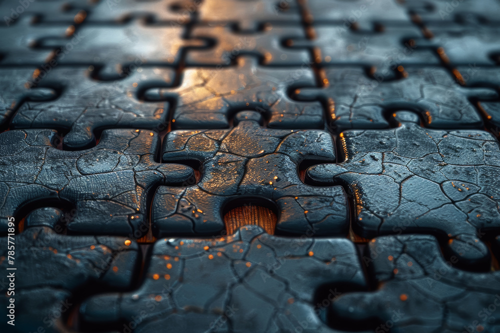 Poster an abstract depiction of puzzle pieces fitting together, symbolizing the alignment of goals and obje