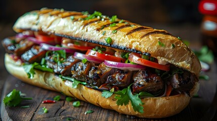 Savory Banh Mi with Pork, Beef & Fresh Veggies. Concept Vietnamese Cuisine, Banh Mi Recipes, Meat Options, Fresh Vegetables, Savory Delights