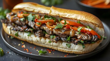 Savory Banh Mi with Grilled Beef and Pork Belly. Concept Banh Mi Sandwich, Grilled Beef, Pork Belly Recipes, Savory Vietnamese Cuisine, How to Make Banh Mi, - obrazy, fototapety, plakaty