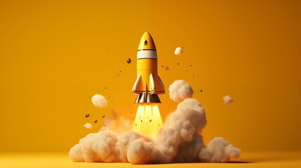 A rocket launching from a laptop screen against a yellow background. - obrazy, fototapety, plakaty