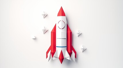 A paper cutout rocket representing startup concept, set against a vibrant yellow background. - obrazy, fototapety, plakaty