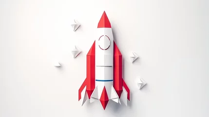 Foto op Canvas A paper cutout rocket representing startup concept, set against a vibrant yellow background. © hamad