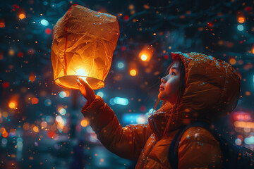 A person releasing a lantern into the night sky, symbolizing the freedom of releasing worries and fears. Concept of emotional liberation and serenity. Generative Ai.