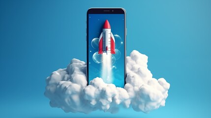 A rocket launches with clouds from a smartphone against a blue background, illustrating a creative idea. Symbolizing faster mobile devices and propelling business growth, the concept represents online