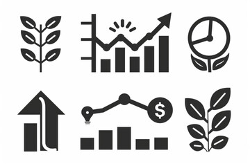 Growth icon set. Containing performance, gain, improvement, grow, chart, increase, evolution and development icons. Solid icon collection. Vector illustration. vector icon, white background, black col - obrazy, fototapety, plakaty