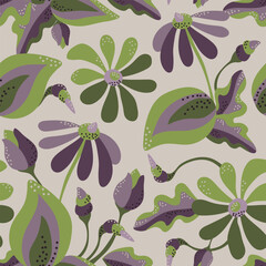 Vector seamless plant pattern. Stylized flowers, buds, leaves