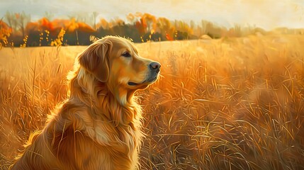 Golden retriever in sunlit field, oil painting effect, eye-level, vibrant colors, soft edges. 