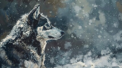 Majestic husky in snow, oil paint technique, low angle, cool tones, textured brush strokes.
