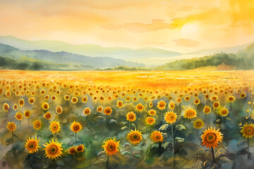 Mesmerizing watercolor of a sunflower field at dawn, evoking warmth with golden yellows and greens. Soft morning light infuses energy.