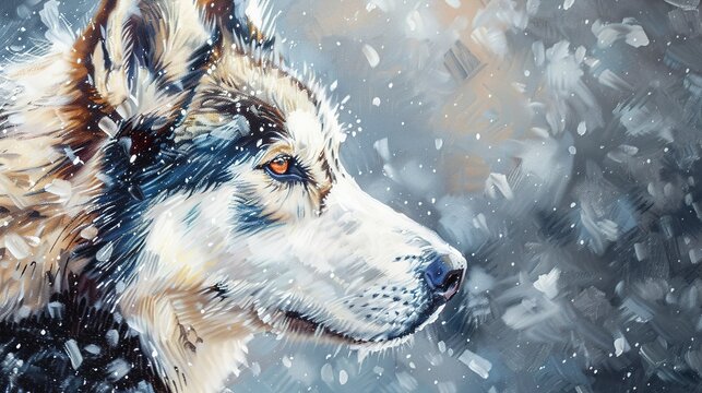 Majestic husky in snow, oil paint technique, low angle, cool tones, textured brush strokes. 