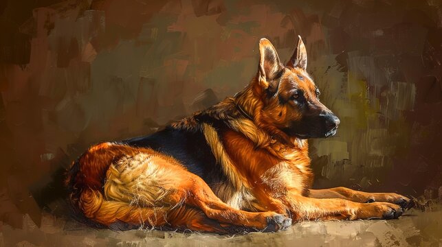 Noble German shepherd, classic oil paint style, regal pose, soft lighting, saturated colors. 