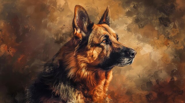 Noble German shepherd, classic oil paint style, regal pose, soft lighting, saturated colors. 