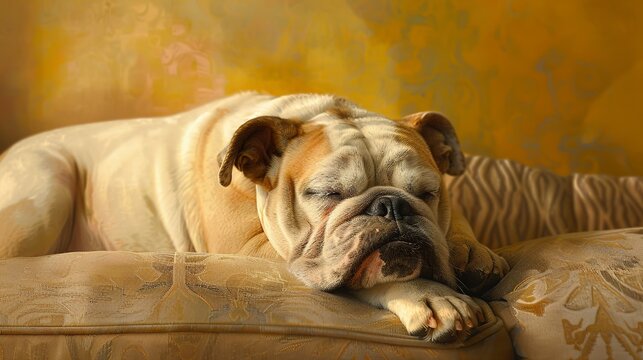 Sleepy bulldog, oil painting feel, cozy indoor setting, gentle light, warm palette, soft focus.