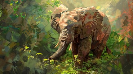 Fototapeta premium Young elephant with foliage, oil painting effect, lush greenery, playful mood, detailed texture. 