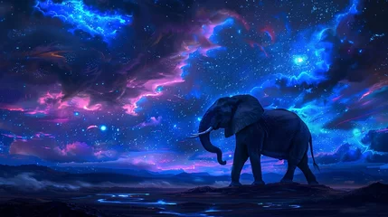 Fototapete Elephant under starry sky, oil paint technique, night scene, cool tones, mystical ambiance. © Thanthara