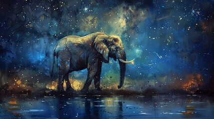 Elephant under starry sky, oil paint technique, night scene, cool tones, mystical ambiance. 