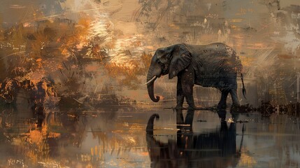 Reflective elephant, oil painting look, near water, tranquil moment, soft reflections, twilight hues. 