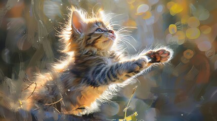 Playful kitten in sunlight, oil paint style, dynamic pose, bright tones, detailed fur texture. 