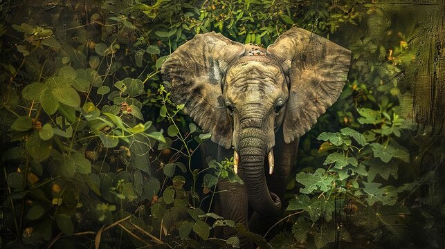 Young elephant with foliage, oil painting effect, lush greenery, playful mood, detailed texture. 