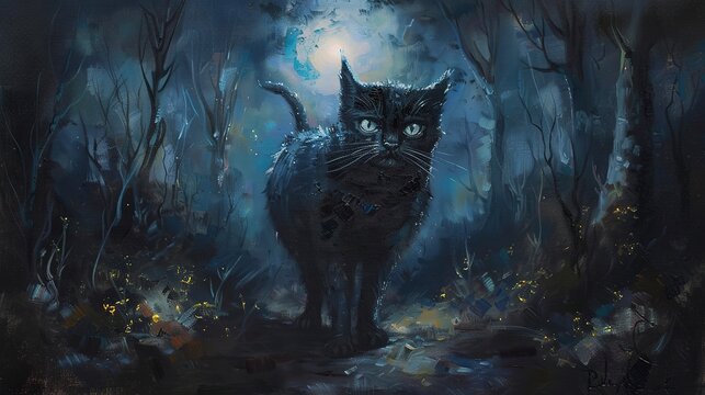 Mysterious black cat, oil paint technique, moonlit night, cool tones, glowing eyes. 