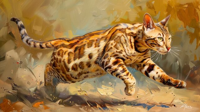 Agile Bengal cat, dynamic oil painting look, mid-action, natural backdrop, vivid detail. 