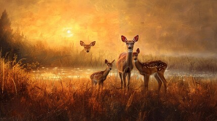 Peaceful deer family, oil paint style, sunset scene, warm hues, serene composition, soft focus. 