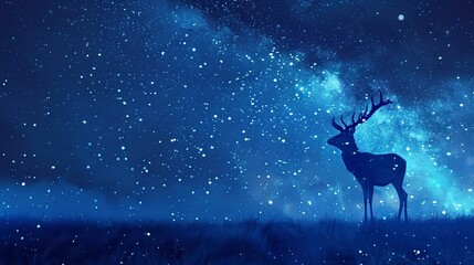 Obraz na płótnie Canvas Solitary deer under starry sky, oil painting effect, mystical night, cool blues, gentle luminescence.
