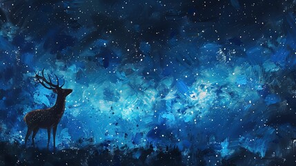 Solitary deer under starry sky, oil painting effect, mystical night, cool blues, gentle luminescence. 