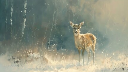 Watchful deer in early snow, oil painting style, first light, crisp atmosphere, muted tones. 