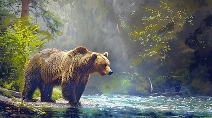 Mighty grizzly bear at riverbank, oil painting effect, soft morning mist, vibrant greens, serene.  - obrazy, fototapety, plakaty