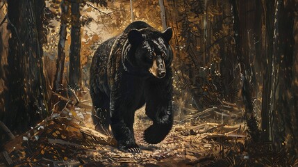 Naklejka na ściany i meble Solitary black bear, classic oil painting look, dense forest backdrop, deep shadows, rich browns.