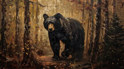 Solitary black bear, classic oil painting look, dense forest backdrop, deep shadows, rich browns. 