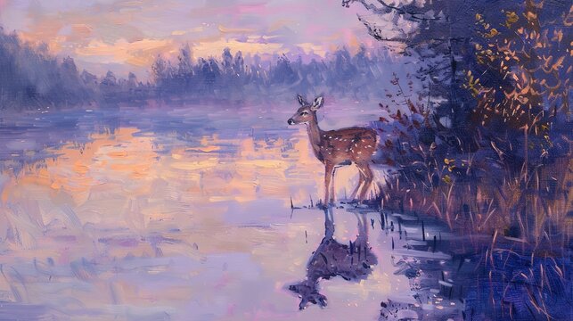 Reflective deer at twilight, oil paint technique, calm lake, soft purples and blues, tranquil mood. 