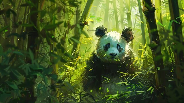 Curious panda in bamboo grove, oil painting style, lush greens, playful mood, textured fur details. 