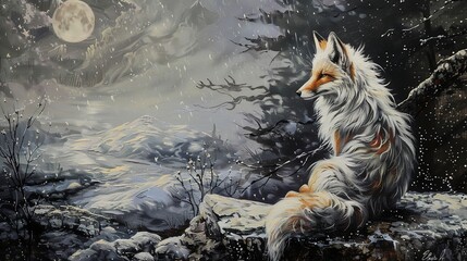 Wise old fox, oil painting technique, under moonlight, mystical aura, silver hues, contemplative. 