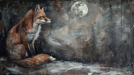 Wise old fox, oil painting technique, under moonlight, mystical aura, silver hues, contemplative.  - obrazy, fototapety, plakaty