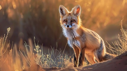 Curious kit fox, oil paint effect, desert dusk, warm tones, soft shadows, exploratory look.