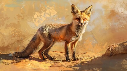 Curious kit fox, oil paint effect, desert dusk, warm tones, soft shadows, exploratory look. 