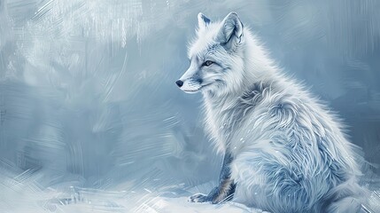 Naklejka premium Majestic silver fox, oil painting style, noble pose, winter backdrop, soft blues, regal fur detail.