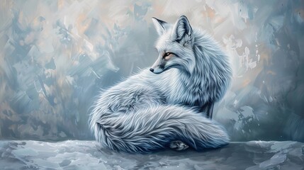 Majestic silver fox, oil painting style, noble pose, winter backdrop, soft blues, regal fur detail.  - obrazy, fototapety, plakaty