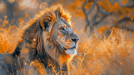 Majestic lion at sunset, oil painting effect, savannah backdrop, golden light, regal mane. 