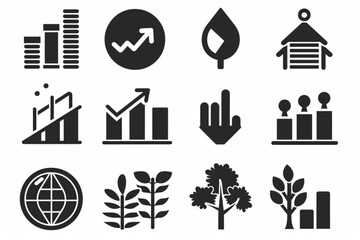 Growth icon set. Containing performance, gain, improvement, grow, chart, increase, evolution and development icons. Solid icon collection. Vector illustration. vector icon, white background, black col - obrazy, fototapety, plakaty