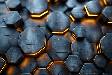 Abstract futuristic hexagon metal background like tech-style geometric texture and golden light...