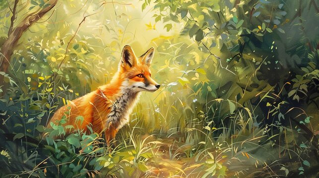 Foraging fox in summer, vibrant oil painting look, lush greenery, sunlit scene, natural hues. 