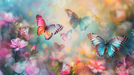 Colorful butterflies around blossoms, oil paint effect, spring vibrance, soft focus, floral paradise.