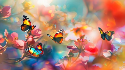 Colorful butterflies around blossoms, oil paint effect, spring vibrance, soft focus, floral paradise. 